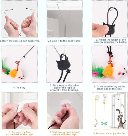 11 PCS Interactive Cat Toy for Indoor Cats, Kitten Toys with 4 Hanging Door Cat Toys and 7 Multiple Replacement Heads for Indoor Self Play & Exercise