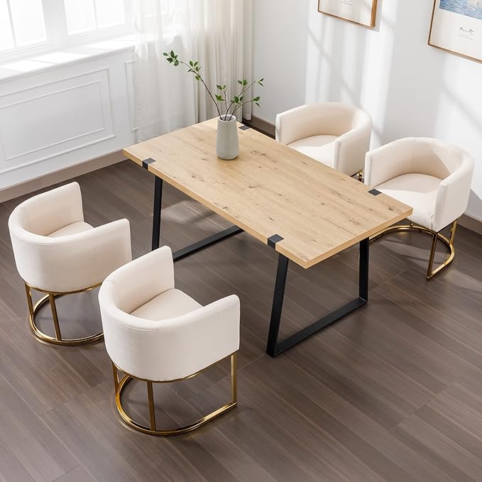 Linen Fabric Dining Chairs Set of 8 Modern Barrel Arm Chairs with Golden Frame, Upholstered Kitchen Chairs 18.5" Wide Accent Chairs for Living Room Dining Room Restaurant, Cream