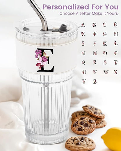 Monogram Glass Cup with Lid Straw Ribbed Ice Tea Coffee Matcha Mujer Vasos Vidrio Latte Clear Tumbler Regalos Mother Day Mama Mommy Bonus Best Mom Ever Asthetic Special Custom Personalized Gift E