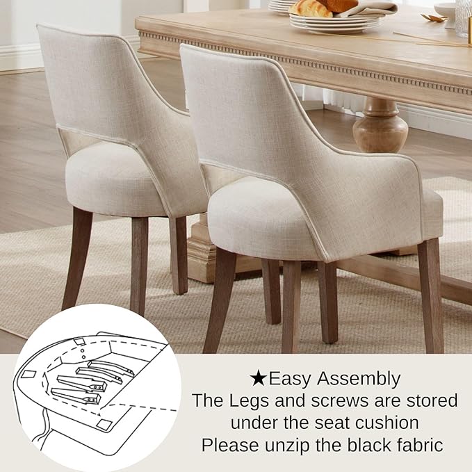 Farmhouse Dining Chairs Set of 2 Linen Kitchen Chairs with Arm Upholstered Accent Side Chair w/Wood Legs for Living Room/Dining Room/Bedroom/Restaurant, Upgraded Size, Cream