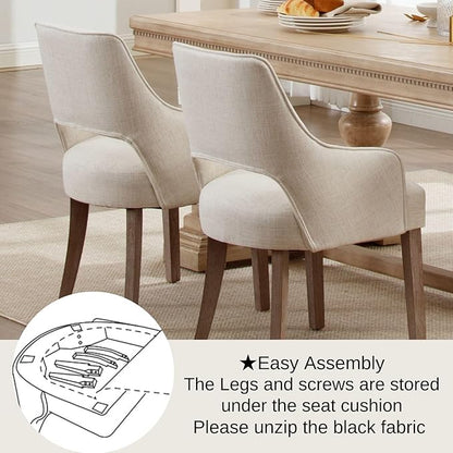 Farmhouse Dining Chairs Set of 2 Linen Kitchen Chairs with Arm Upholstered Accent Side Chair w/Wood Legs for Living Room/Dining Room/Bedroom/Restaurant, Upgraded Size, Cream