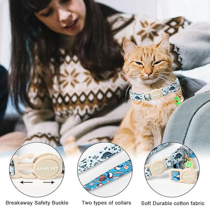 ARING PET 2 Pack Cat Collar-Cute Kitty Collars with Bell & Pendant, Adjustable Dinosaur&Baseball Kitten Collars with Safety Buckle for Girl and Boy Pets
