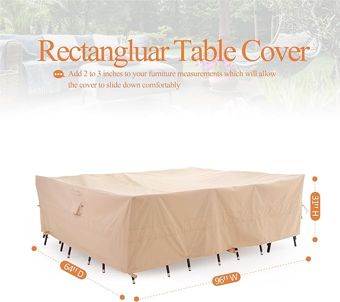 WJ-X3 Rectangle 96 Inches Patio Furniture Cover, Heavy Duty Outside Table Cover, Lawn Furniture Cover Waterproof, High Wind Resistant Design for Winter, Anti-Fading 96W x 64D x 31H Inches, Beige