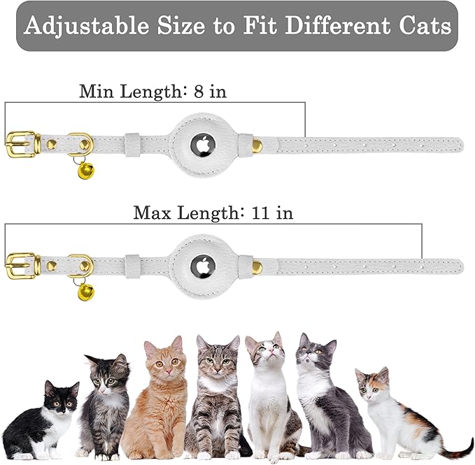 OOPSDOGGY Leather AirTag Cat Collar with Bell - Non Breakaway Kitten Collar with Apple Air Tag Holder - Lightweight GPS Pet Collars for Girl Boy Cats, Small Dogs, Puppies (White)