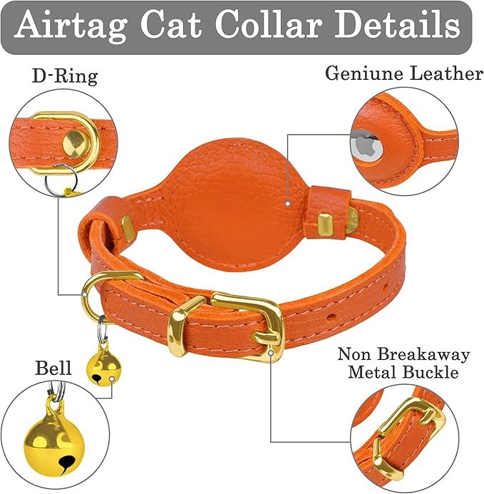 OOPSDOGGY Leather AirTag Cat Collar with Bell - Non Breakaway Kitten Collar with Apple Air Tag Holder - Lightweight GPS Pet Collars for Girl Boy Cats, Small Dogs, Puppies (Orange)