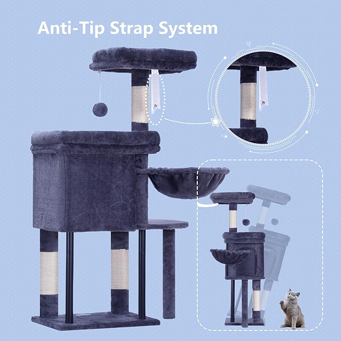 Hey-brother Cat Tree Tower, Scratching Posts with Cozy Condo, Padded Bed, Hammock, Plush Perch, Sisal Post and Ball for Indoor Kittens, 44.9 Inches, Smoky Gray MPJ009SG