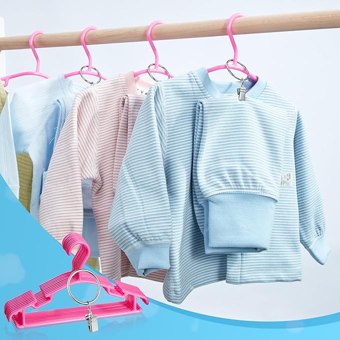 Baby Hangers with Metal Ring Clips, Children Plastic Hanger for Kids Pants Clothes Closet, 20 Pack, Rose red
