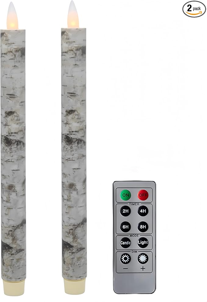 Flameless Taper Candles Flickering with Remote and Timer, 3D Moving Flame Taper Candle Battery Operated to 400 Hours, 9 Inch Window Candles, (Birch Bark)