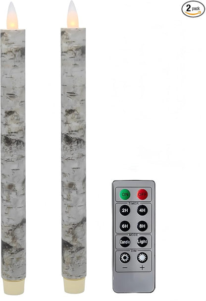Flameless Taper Candles Flickering with Remote and Timer, 3D Moving Flame Taper Candle Battery Operated to 400 Hours, 9 Inch Window Candles, (Birch Bark)