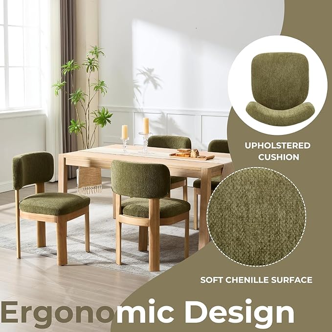 Green Upholstered Dining Chairs Set of 2 Chenille Fabric Dining Room Chairs Modern Barrel Kitchen Chairs with Curved Backrest and Wooden Legs