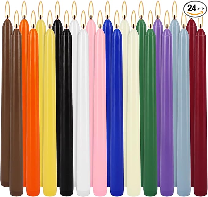 24 Colored Taper Candles, 7-8 Hours Burn Time, Unscented, Smokeless and Dripless, 0.75 x 10 Inch Dinner Candle Set for Household, Wedding, Party and Home Décor Candlesticks