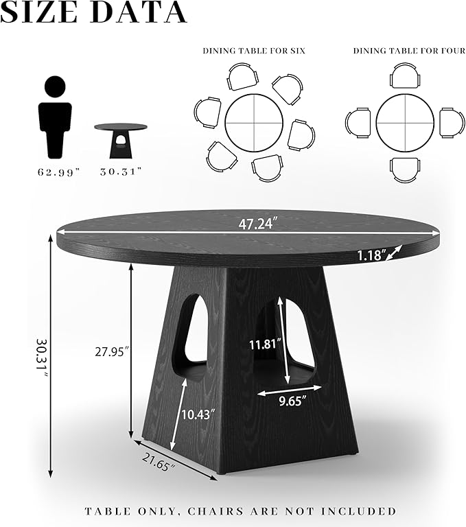 Round Dining Table for 4, Farmhouse 47 Inch Wood Dinner Tables with Storage Base for Kitchen Dining Living Room 4-6 People Gathering, Black