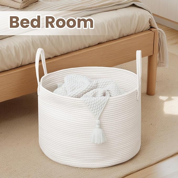 Woven Blanket Basket,65L Large Rope Storage Bin with Handles, Organizer for Blankets Toys Book and Clothes, Laundry Basket for Living Room Bedroom Nursery,White