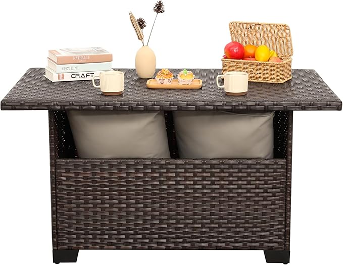 46 Inches Outdoor Coffee Table with Storage Wicker Patio Table Outdoor Dining Table with Glass Tabletop, Brown