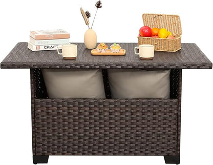 46 Inches Outdoor Coffee Table with Storage Wicker Patio Table Outdoor Dining Table with Glass Tabletop, Brown