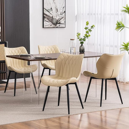 Kidol & Shellder Modern Dining Chairs Set of 2 Comfy Dining Room Chairs with Thick Cushions PU Leather Upholstered Kitchen Side Chairs with Metal Legs Beige