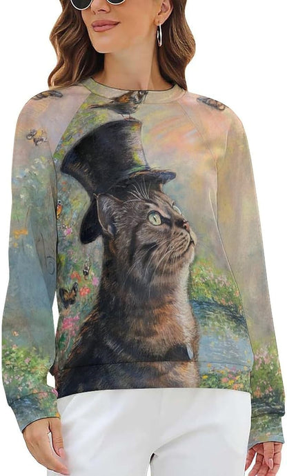 Long Sleeve Shirts for Women Cat Oil Painting Shirt 3D Graphic Sweatshirts Fall Pullover Crewneck Vintage Boho Tops