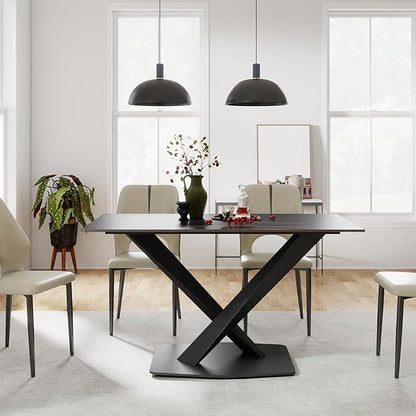 55" Modern Dining Table for 4-6 People, Black Sintered Stone Table Top with X-Shape Carbon Steel Pedestal, Large Rectangular Table for Kitchen Living Room