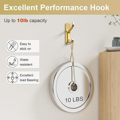 pickpiff 10-Pack Adhesive Wall Coat Hooks - Heavy Duty Stick-On Door Hanger, Metal Hook for Hanging Towel,Purse, Robe, Backpack, Jacket, Clothes - for Bathroom,Dorm, Closet, Kitchen - Brushed Gold