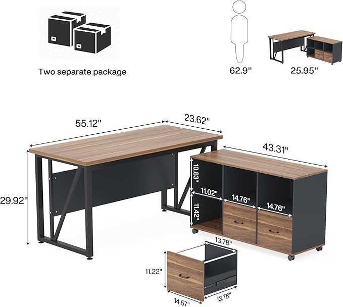 Tribesigns 55-Inch Executive Computer Desk with 43-Inch Lateral File Cabinet, Large Workstation Business Furniture, L Shaped Desk with Drawers and Storage Shelves for Home Office, Walnut