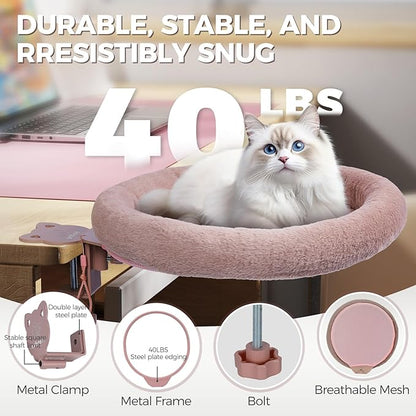 Rotating Cat Desk Bed - 40 LBS Chair-Side Cat Sleeping Basket with Bed for Desk, 360° Swivel & Removable Washable Cushion for Office Comfort(Brown