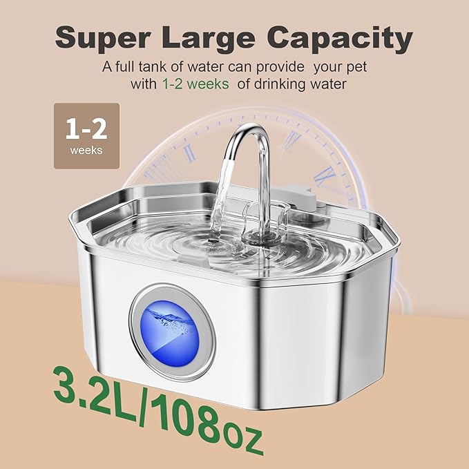 Cat Water Fountain Stainless Steel 108oz/3.2L, APAUK Automatic Pet Fountain Dog Water Dispenser with Water Level Window, Quiet Cat Fountain for Drinking, Inside with Replacement(1 Filter&1 Sponge)