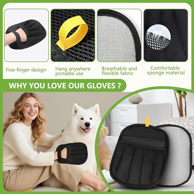 2 Packs Electrostatic Pet Hair Remover Glove for Dogs and Cats – Reusable Brush Pet Hair Removal Glove for Furniture, Car Interiors, Bedding & Clothing