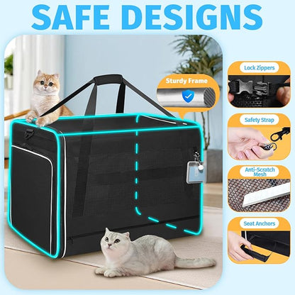 Petskd Side Expandable Extra Large Cat Carrier with Litter Box Area, 24"x17"x17" Soft-Sided Pet Carrier for 2 Cats Under 55 lbs with Zipper Locks for Car Travel(Black)