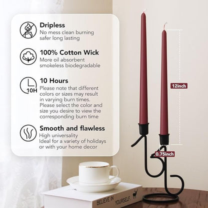 New Burning Formula Unscented Dripless 12-Inch Taper Candles Set of 12 - Dark Red, for Wedding, Dinner - Smokeless, Long Burning - Hand Poured, Colored Tall Candlesticks - Rojo Oscuro
