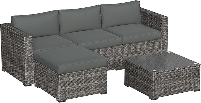 5 Piece Outdoor Patio Sectional Furniture Set, Weather Resistant Rattan Outside Couch, Waterproof Conversation Sofa for Balcony, Porch, Backyard, Deck, Garden, Grey