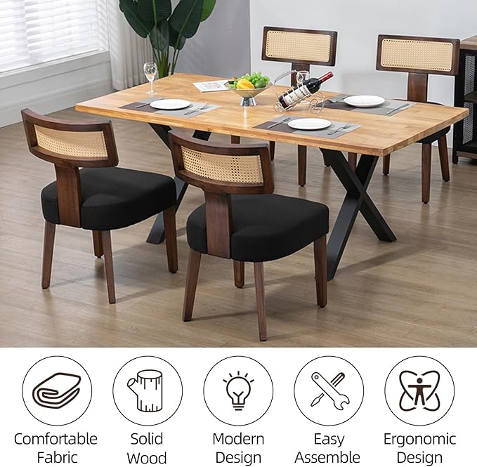 Upholstered Rattan Dining Chairs Set of 6, Mid-Century Modern Fabric Dining Room Chairs with Brown Hardwood Frame, Curved Backrest Kitchen Armless Accent Chairs for Living Room (Black)