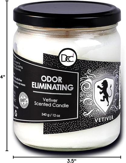 Vetiver Odor Eliminating Highly Fragranced Candle - Eliminates 95% of Pet, Smoke, Food, and Other Smells Quickly - Up to 80 Hour Burn time - 12 Ounce Premium Soy Blend