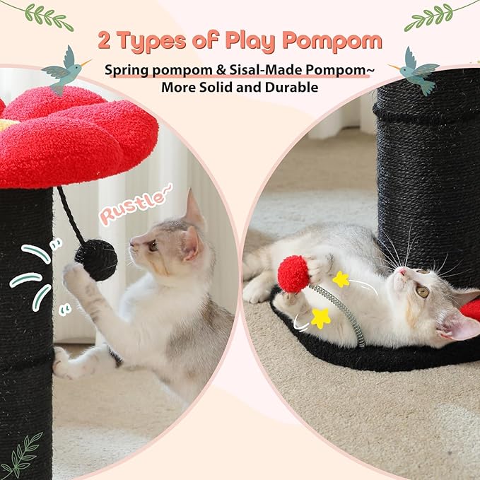 PEQULTI Flower Cat Scratching Post, Gothic Cat Tree, Tall Scratcher for Indoor Cats with Super Thick Scratching Post [Dia=5.5''], Removable Flower Bed, Cat Scratch Post with Spring Ball, Black
