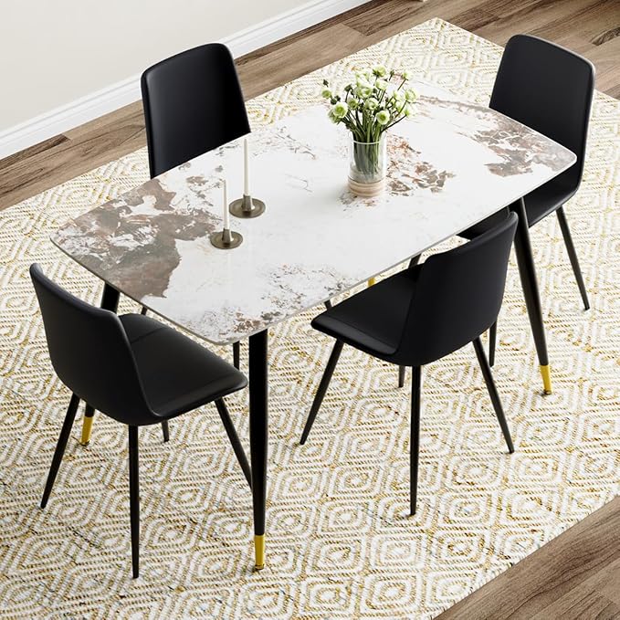 Small Dining Table Set for 4, 50'' Sintered Stone Dining Table with 4 Chairs, Easy to Assemble, Suitable for Small Spaces