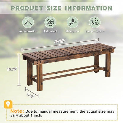 Outdoor Garden Bench, 3-Person Wood Patio Bench Weatherproof Outdoor Backless Bench, Anti-Corrosion and Anti-Rust Garden Benches for Garden Lawn Porch Park Backyard (Carbonized,47.25''/120cm)