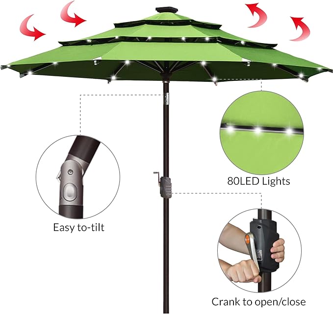 EliteShade USA 10-Year-Non-Fading Solar 9ft 3 Tiers Market Umbrella with 80 LED Lights Patio Umbrellas Outdoor Table with Ventilation,Macaw Green