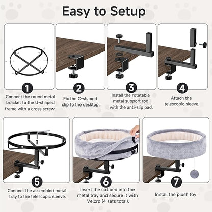Cat Desk Bed - 360° Rotating & Adjustable, Supports 44 lbs, Soft Faux Fur with Dual-Sided Reversible Mat, Modern Indoor Cat Nest Furniture for Office Desks and Game Tables, Island Table