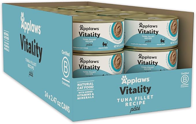 Applaws Vitality Wet Cat Food Paté, Natural Cat Food with Added Vitamins & Minerals, Grain-Free, Carrageenan Free, Tuna Fillet Recipe (24 Count, 2.47 oz Cans)