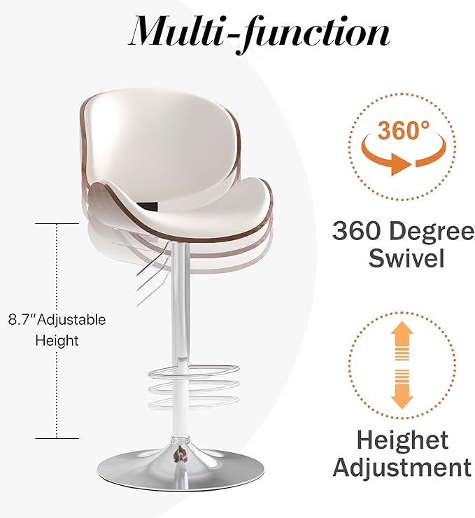 Adjustable Swivel Bar Stools 1 PC, Modern Bentwood Barstool with Large Metal Base and Footrest, PU Leather Upholstered Bar Chair with Curved Back for Kitchen Island Dining Room, White