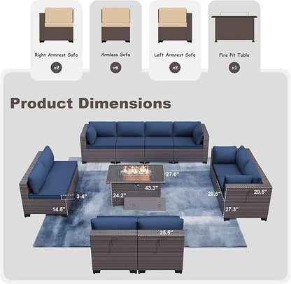 Kurapika 11 Pieces Patio Furniture Set, Rattan Wicker Outdoor Conversation Sets w/43in Propane Fire Pit Table and 4 Inch Cushion(Navy Blue)