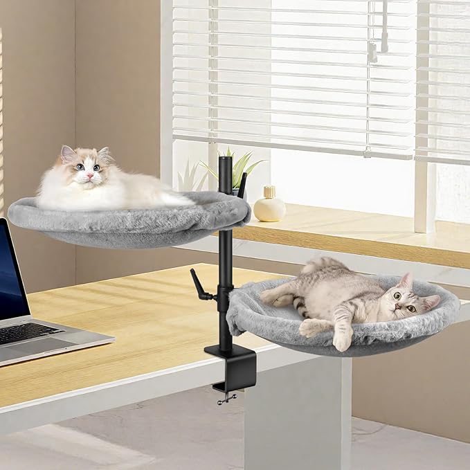 Double Cat Desk Bed - 2 Large Layers Cat beds with 360° Rotating & Adjustable Height, Kitten Nest for Desktop with 2 Washable Soft Covers, Kitten Hammock Bed Mount for Home Office Grey