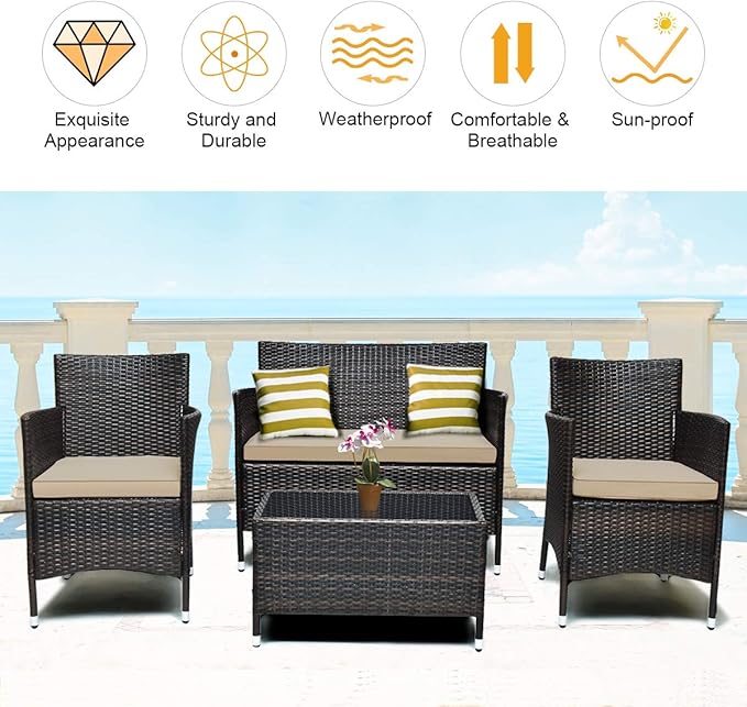 Tangkula 4-PCS Patio Rattan Conversation Set, Outdoor Wicker Furniture Set with Tempered Glass Coffee Table &Thick Cushion, Rattan Chair Wicker Set for Garden, Lawn, Poolside and Backyard (1, Brown)