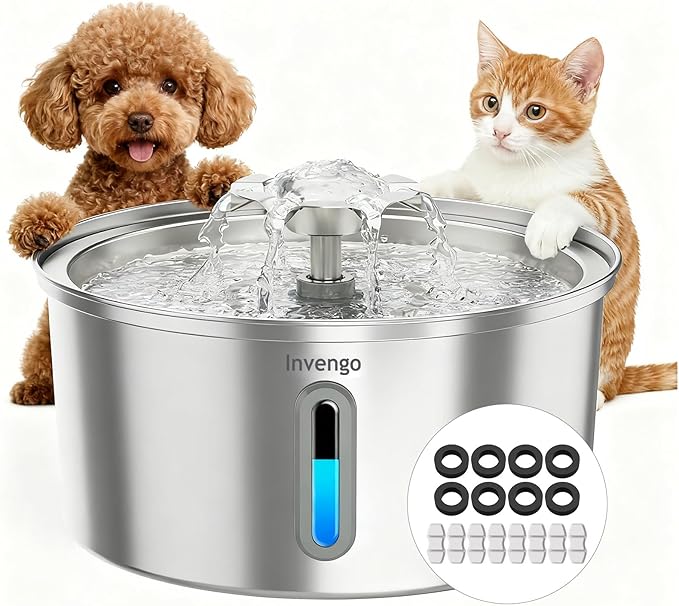 Cat Water Fountain Stainless Steel 3.2L/108oz, Invengo Automatic Pet Fountain for Cats & Dogs, Ultra Quiet <25 dB Pump, Includes 8 Replacement Filters & Sponges, LED Water Level Window, Easy to Clean
