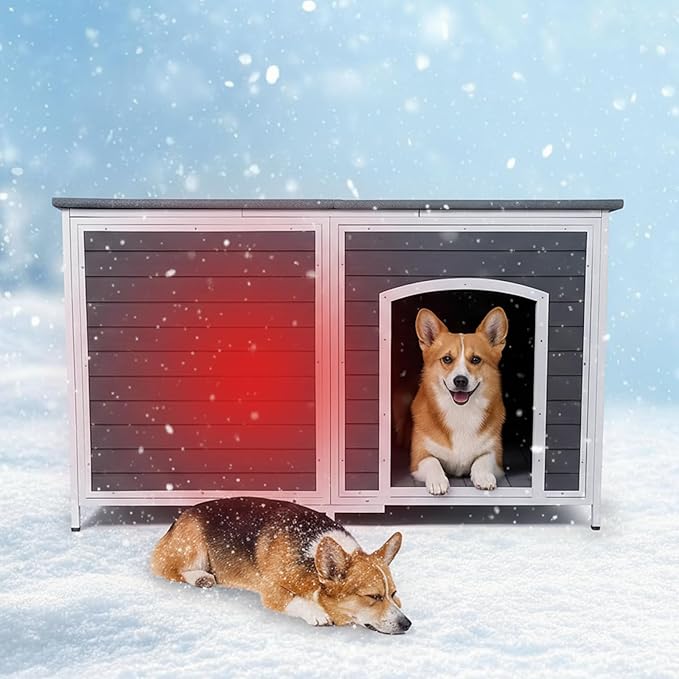 Geguri All-Weather Dog House for Medium to Large Dogs | Weatherproof Asphalt Roof, Chew-Proof Frame, Elevated Base, Extra Large (Grey, 59.1" L × 34.3" W × 34.6" H)