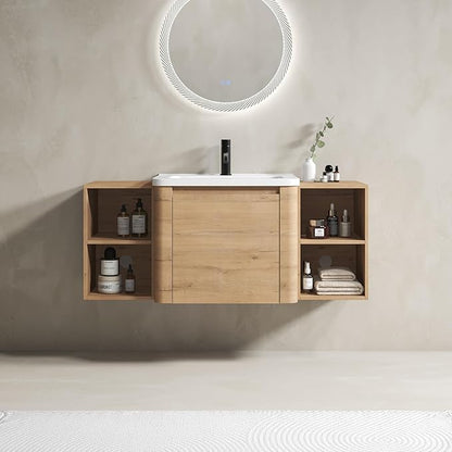 Goujxcy 48 Inch Bathroom Vanity with Sink Combo Modern Floating Vanity Cabinet with Ceramic Vessel Sink and Side Storage Shelves, Soft Closing Door Design (Imitative Oak)