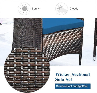Tangkula 8 Pieces Patio Rattan Conversation Set with Tempered Glass Coffee Table & Thick Cushion, Wicker Set for Garden, Lawn, Poolside and Backyard
