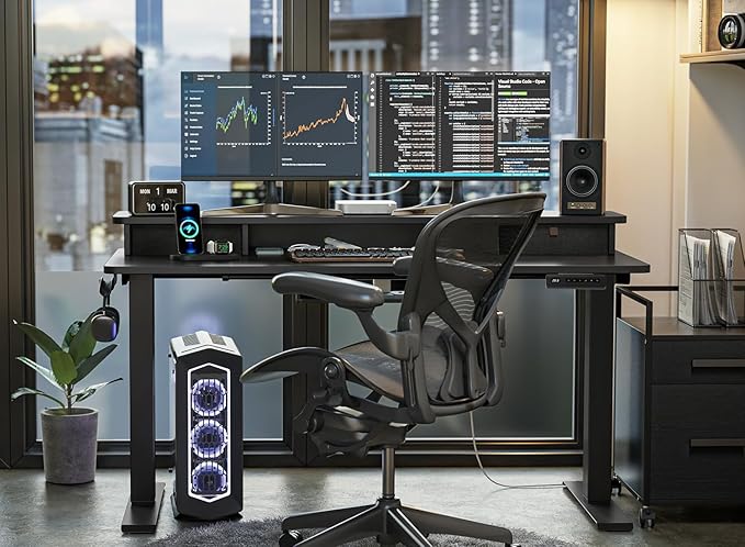 FEZIBO 48 x 24 Inch Height Adjustable Electric Standing Desk with Double Drawer, Computer Desk, Home Office Stand Up Table with 4 Height-Adjustable Feets & 2 Hooks, Black