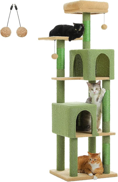 62" Cactus Cat Tree for Indoor Cats, Multi-Level Cat Tower with 2 Spacious Condos, Dual Top Perches, Scratching Pad, 4 Scratching Posts, 2 Pompoms, Green