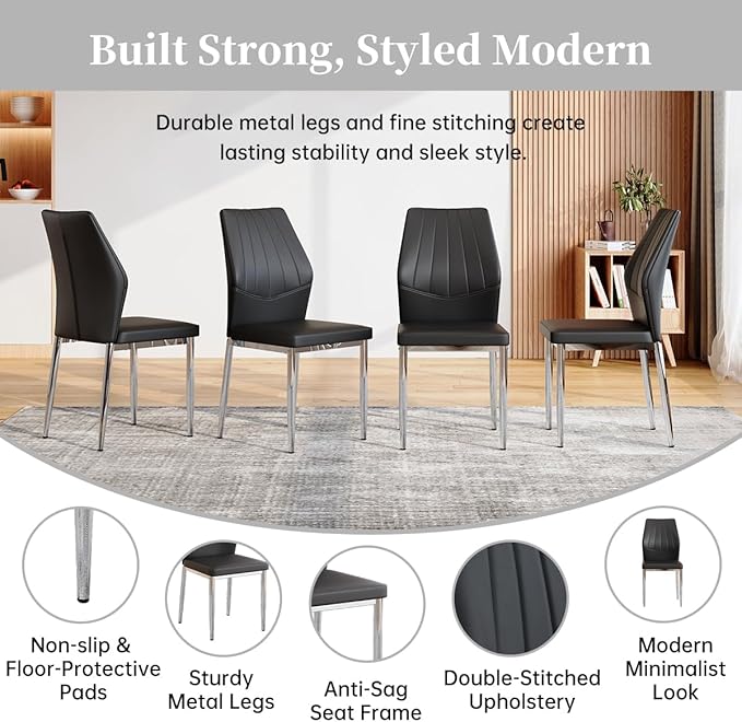 63" Modern Black Dining Table Set for 4 with Chairs, 5 Piece Rectangular Dining Room Table and 4 PU Leather Chairs, Kitchen Dining Set with Matte Wood Finish, Geometric Base, Easy Assembly