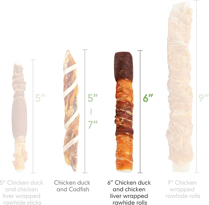 MON2SUN Dog Treats, Triple Flavor 6 Inch Chicken Liver Duck and Chicken Wrapped Rawhide Sticks, Teeth Cleaning Snacks for Medium Dogs, 35.27 oz (20 Count-Pack of 1)